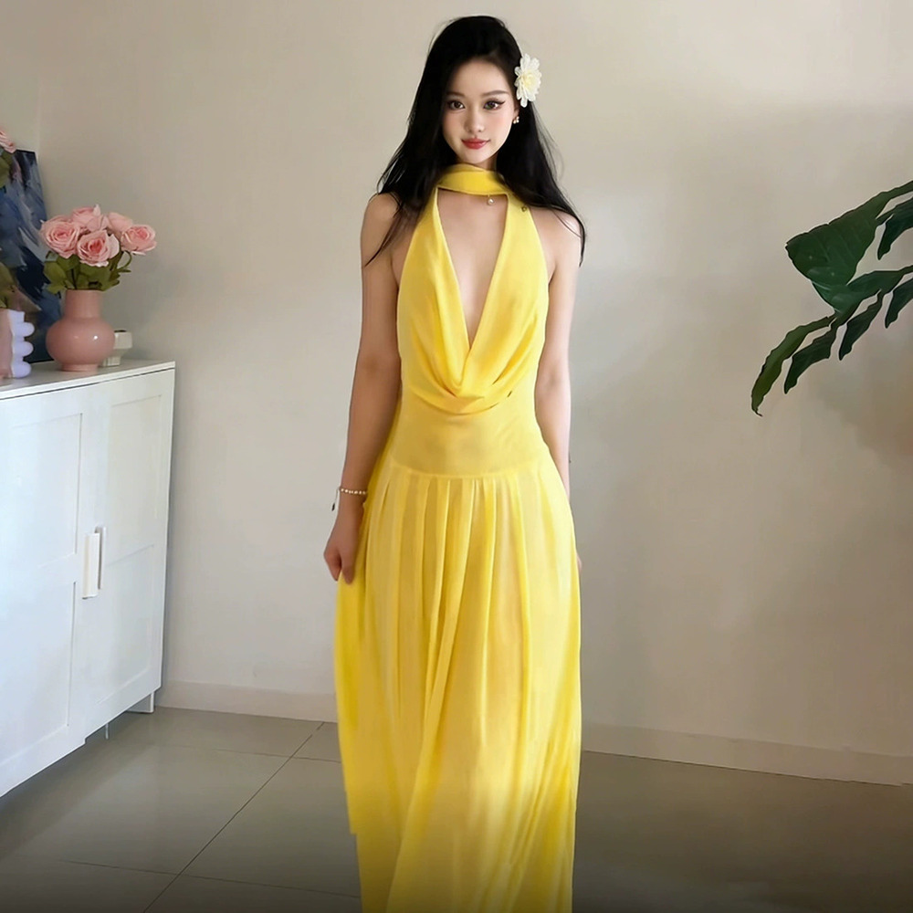 ZARA French Style Summer Halter Backless Sleeveless Flowy A Line Solid Dress
